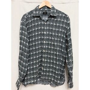 Piombo Men's Black White Geometric Print 100% Linen Button Down Shirt Size 41
